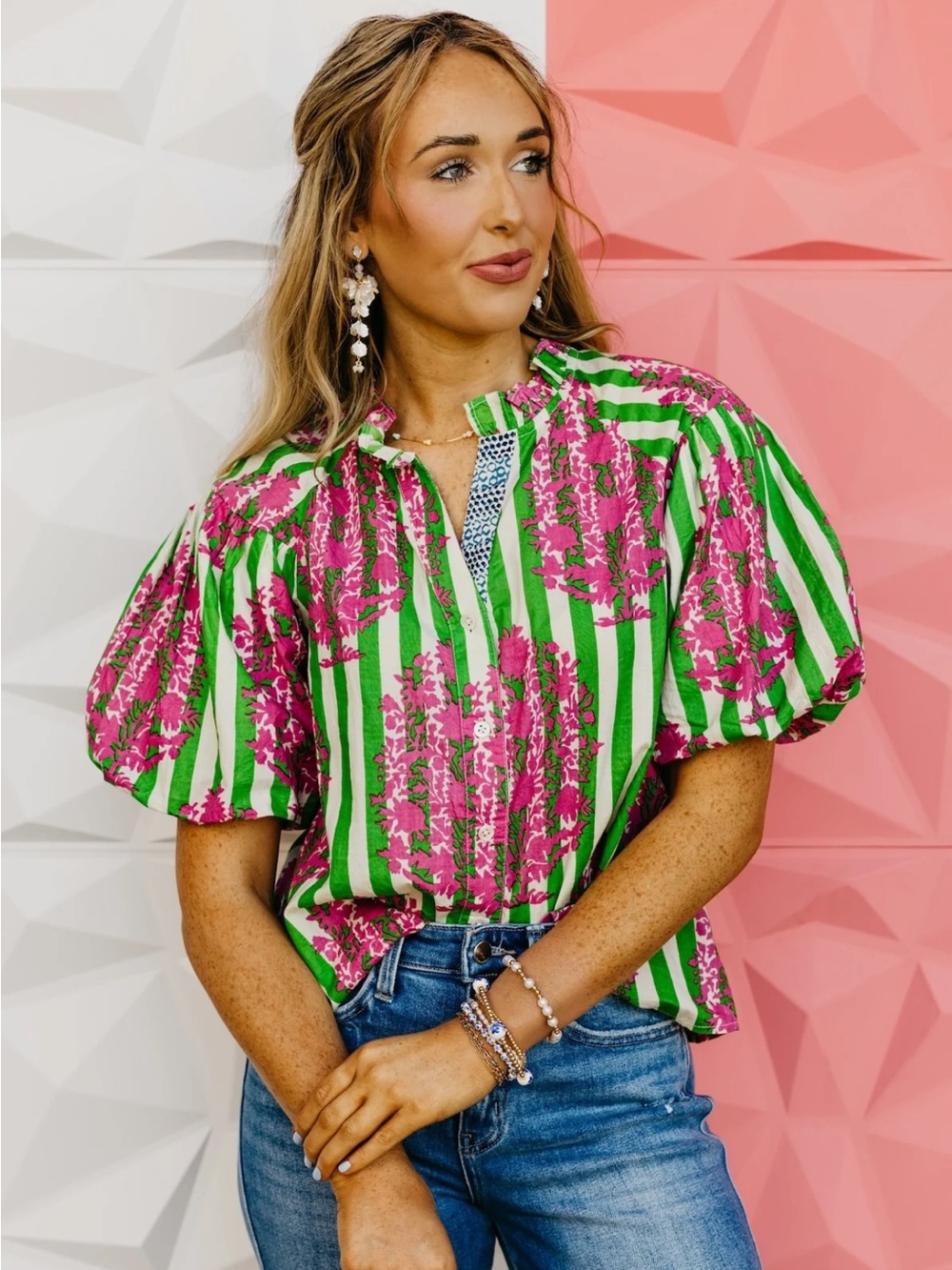 THML Stripe Floral Puff-Sleeve Top - Picture 3 of 9